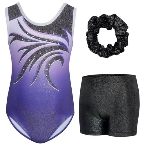 Gogokids Ärmelloses Gymnastiktrikot Set für Mädchen, dreiteilig mit Shorts und Haargummi, Kinder Gymnastik Outfits mit Aushöhlen & überkreuztem Design, Glitzer Ballett-Einteiler für Alter 5-6 von Gogokids