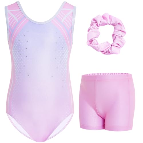 Gogokids Ärmelloses Gymnastiktrikot Set für Mädchen, dreiteilig mit Shorts und Haargummi, Kinder Gymnastik Outfits mit Aushöhlen & überkreuztem Design, Glitzer Ballett-Einteiler für Alter 6-7 von Gogokids