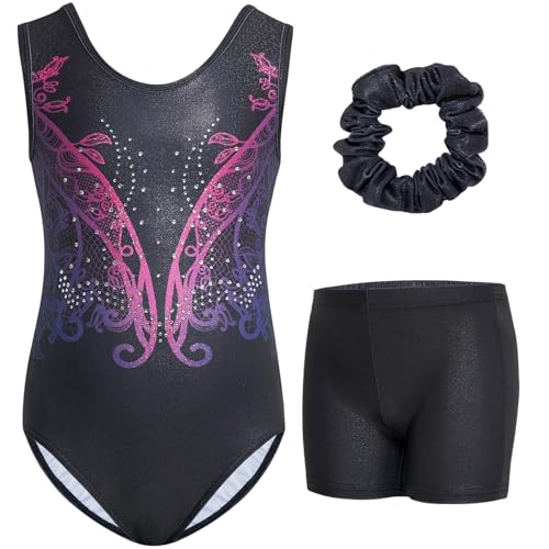 Gogokids Ärmelloses Gymnastiktrikot-Set für Mädchen, dreiteilig mit Shorts und Haargummi, Kinder Gymnastik Outfits mit Aushöhlen & überkreuztem Design, Glitzer Ballett-Einteiler für Alter 8-9 von Gogokids