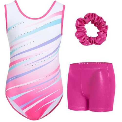 Gogokids Ärmelloses Gymnastiktrikot-Set für Mädchen, dreiteilig mit Shorts und Haargummi, Kinder Gymnastik Outfits mit Aushöhlen & überkreuztem Design, Glitzer Ballett-Einteiler für Alter 8-9 von Gogokids