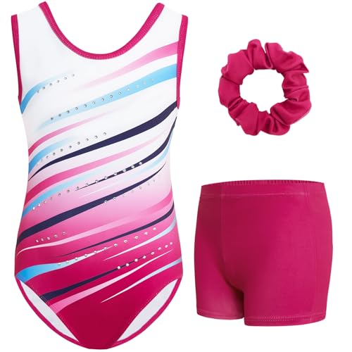 Gogokids Ärmelloses Gymnastiktrikot-Set für Mädchen, dreiteilig mit Shorts und Haargummi, Kinder Gymnastik Outfits mit Aushöhlen & überkreuztem Design, Glitzer Ballett-Einteiler für Alter 9-10 von Gogokids
