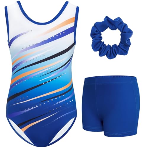 Gogokids Ärmelloses Gymnastiktrikot-Set für Mädchen, dreiteilig mit Shorts und Haargummi, Kinder Gymnastik Outfits mit Aushöhlen & überkreuztem Design, Glitzer Ballett-Einteiler für Alter 9-10 von Gogokids