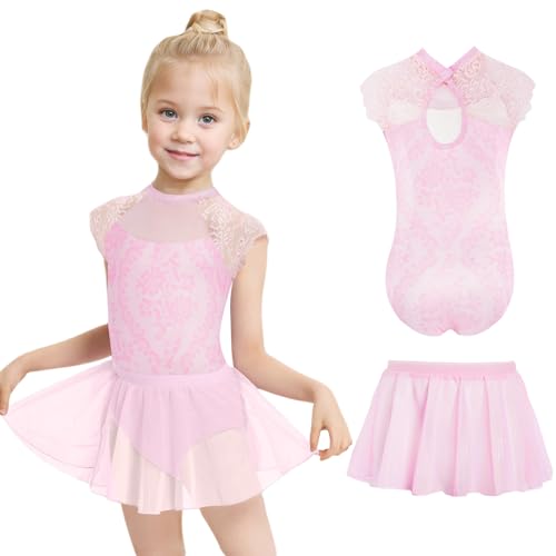 Gogokids Balletttrikot für Mädchen, Tanztrikot, Kleinkinder, hohler Rücken, Spitze, Tanzkleid mit abnehmbarem Rock, Kombi, 3–12 Jahre, C-rosa Aufdruck, 3-4 Jahre von Gogokids