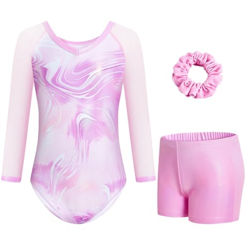 Gogokids Mädchen 3-teilige V-Ausschnitt Turnanzüge, 3/4-Arm Turnoutfit mit Netz Splicing Design, Funkelnde Turnbekleidung für Mädchen mit Shorts und Haarband für Alter 5-6 und als Turngeschenk von Gogokids