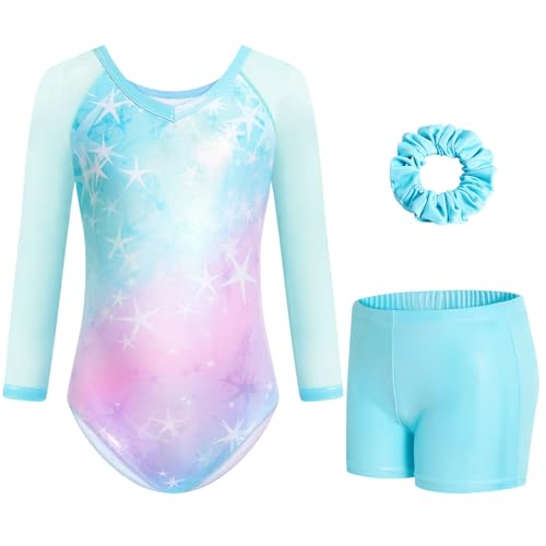 Gogokids Mädchen 3-teilige V-Ausschnitt Turnanzüge, 3/4-Arm Turnoutfit mit Netz Splicing Design, Funkelnde Turnbekleidung für Mädchen mit Shorts und Haarband für Alter 6-7 und als Turngeschenk von Gogokids