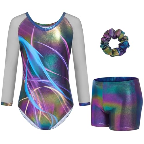 Gogokids Mädchen 3-teilige V-Ausschnitt Turnanzüge, 3/4-Arm Turnoutfit mit Netz Splicing Design, Funkelnde Turnbekleidung für Mädchen mit Shorts und Haarband für Alter 6-7 und als Turngeschenk von Gogokids