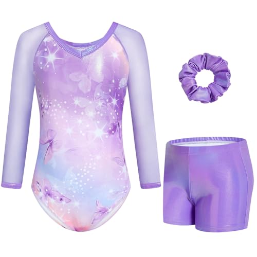 Gogokids Mädchen 3-teilige V-Ausschnitt Turnanzüge, 3/4-Arm Turnoutfit mit Netz Splicing Design, Funkelnde Turnbekleidung für Mädchen mit Shorts und Haarband für Alter 8-9 und als Turngeschenk von Gogokids