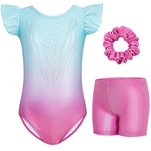 Gogokids Mädchen 3-teiliges Flatterärmel Gymnastik Set - Kinder Gymnastiktrikots mit Farbverlauf Pailletten & Glitzer Design, Gymnastikkostüm Set enthält Trikot, Shorts und Haarband für 11-12 Jahren von Gogokids
