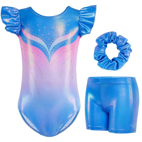 Gogokids Mädchen 3-teiliges Flatterärmel Gymnastik Set - Kinder Gymnastiktrikots mit Farbverlauf Pailletten & Glitzer Design, Gymnastikkostüm Set enthält Trikot, Shorts und Haarband für 3-4 Jahren von Gogokids