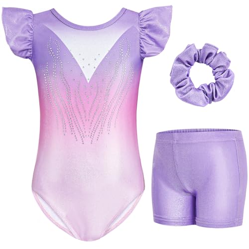 Gogokids Mädchen 3-teiliges Flatterärmel Gymnastik Set - Kinder Gymnastiktrikots mit Farbverlauf Pailletten & Glitzer Design, Gymnastikkostüm Set enthält Trikot, Shorts und Haarband für 3-4 Jahren von Gogokids