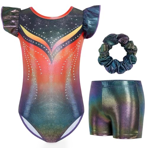 Gogokids Mädchen 3-teiliges Flatterärmel Gymnastik Set - Kinder Gymnastiktrikots mit Farbverlauf Pailletten & Glitzer Design, Gymnastikkostüm Set enthält Trikot, Shorts und Haarband für 5-6 Jahren von Gogokids