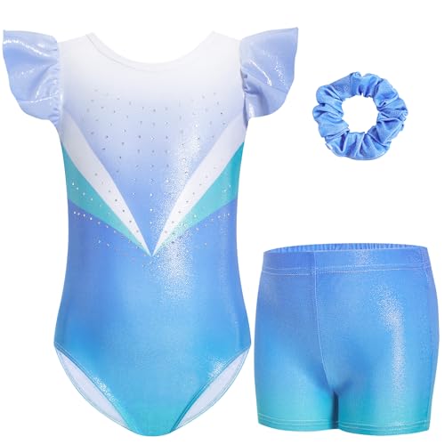 Gogokids Mädchen 3-teiliges Flatterärmel Gymnastik Set - Kinder Gymnastiktrikots mit Farbverlauf Pailletten & Glitzer Design, Gymnastikkostüm Set enthält Trikot, Shorts und Haarband für 5-6 Jahren von Gogokids