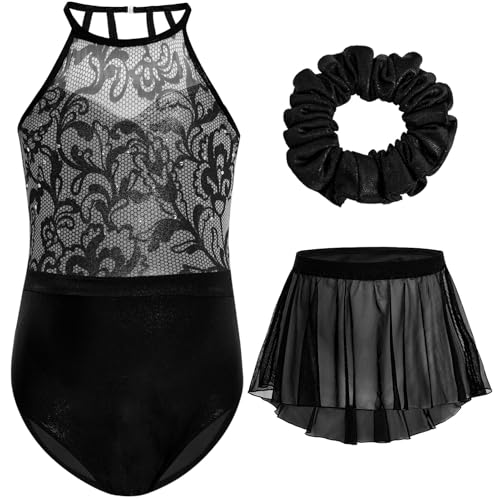 Gogokids Mädchen 3-teiliges Halter Gymnastikset, Kinder Gymnastikanzug mit Strass & Mesh Blumendesign, Funkelnde Ballettanzüge Beinhaltet Leotard, Chiffonrock & Haarband Gymnastikgeschenke für 5-6 von Gogokids