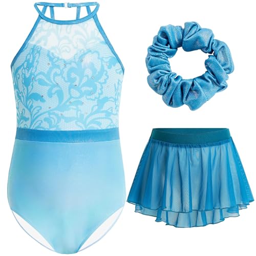Gogokids Mädchen 3-teiliges Halter Gymnastikset, Kinder Gymnastikanzug mit Strass & Mesh Blumendesign, Funkelnde Ballettanzüge Beinhaltet Leotard, Chiffonrock & Haarband Gymnastikgeschenke für 8-9 von Gogokids