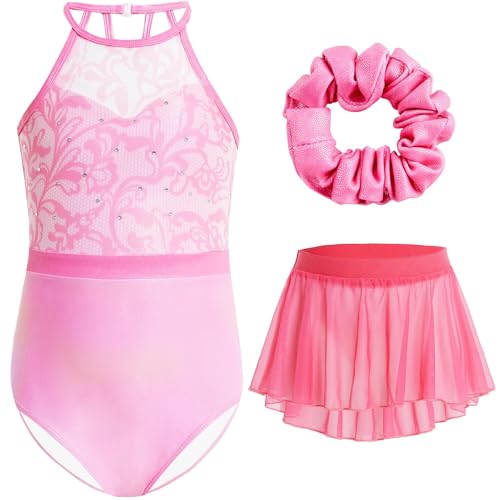 Gogokids Mädchen 3-teiliges Halter Gymnastikset, Kinder Gymnastikanzug mit Strass & Mesh Blumendesign, Funkelnde Ballettanzüge Beinhaltet Leotard, Chiffonrock & Haarband Gymnastikgeschenke für 9-10 von Gogokids