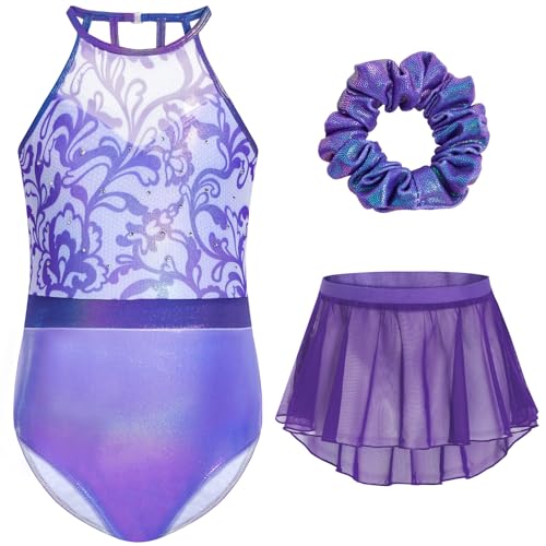 Gogokids Mädchen 3-teiliges Halter Gymnastikset, Kinder Gymnastikanzug mit Strass & Mesh Blumendesign, Funkelnde Ballettanzüge Beinhaltet Leotard, Chiffonrock & Haarband Gymnastikgeschenke für 8-9 von Gogokids