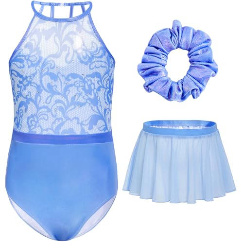 Gogokids Mädchen 3-teiliges Halter Gymnastikset, Kinder Gymnastikanzug mit Strass & Mesh Blumendesign, Funkelnde Ballettanzüge Beinhaltet Leotard, Chiffonrock & Haarband Gymnastikgeschenke für 11-12 von Gogokids