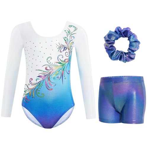 Gogokids Mädchen Drei Teile Langarm Turntrikot Set - Kinderturnoutfits mit Farbverlauf Pailletten Design, Inklusive Turntrikot, Shorts und Haarband, Funkelnde Ballett Unitards für Alter 11-12 von Gogokids
