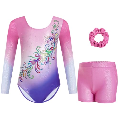 Gogokids Mädchen Drei Teile Langarm Turntrikot Set - Kinderturnoutfits mit Farbverlauf Pailletten Design, Inklusive Turntrikot, Shorts und Haarband, Funkelnde Ballett Unitards für Alter 3-12 von Gogokids