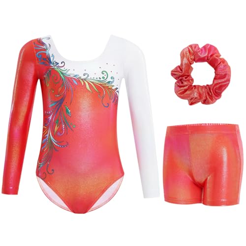 Gogokids Mädchen Drei Teile Langarm Turntrikot Set - Kinderturnoutfits mit Farbverlauf Pailletten Design, Inklusive Turntrikot, Shorts und Haarband, Funkelnde Ballett Unitards für Alter 5-6 von Gogokids