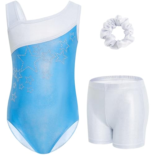 Gogokids Mädchen Drei Teiliges Gymnastikset, Y-Hals Ärmelloser Leotard mit Shorts und Haarband, Ballett Tanzender Leotard Gymnastikoutfit mit Blauem & Purpurfarbenem Farbblockdesign, 11-12 Jahre von Gogokids