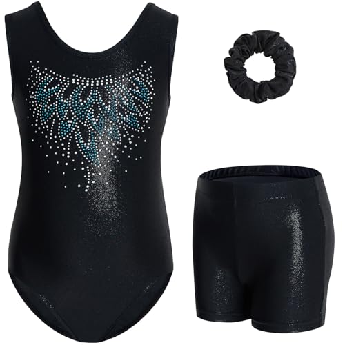 Gogokids Mädchen Drei Teiliges Gymnastikset, Ärmelloser Gymnastikanzug mit Shorts und Haarband, Ballett Tanzender Leotard Gymnastik Outfit mit Funkelnde für Mädchen, Ärmellose Trikots für 3-12 Jahre von Gogokids