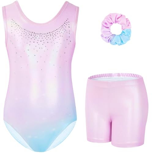 Gogokids Mädchen Drei Teiliges Gymnastikset, Ärmelloser Gymnastikanzug mit Shorts und Haarband, Ballett Tanzender Leotard Gymnastik Outfit mit Funkelnde für Mädchen, Ärmellose Trikots für 3-4 Jahre von Gogokids