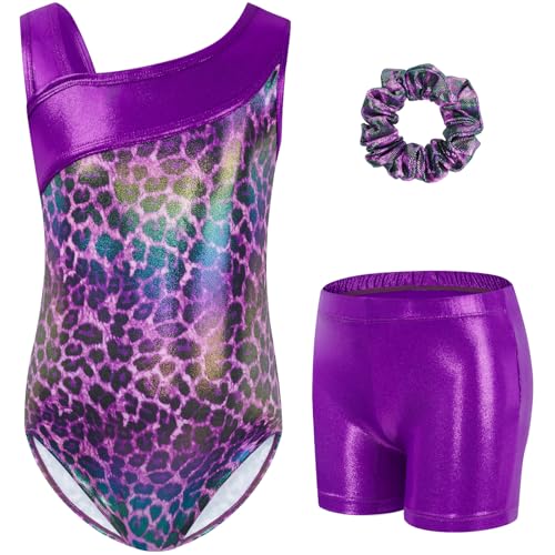 Gogokids Mädchen Drei Teiliges Gymnastikset, Y-Hals Ärmelloser Leotard mit Shorts und Haarband, Ballett Tanzender Leotard Gymnastikoutfit mit Blauem & Purpurfarbenem Farbblockdesign, 5-6 Jahre von Gogokids