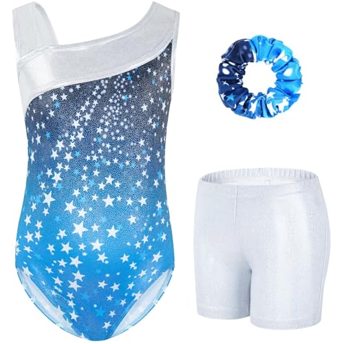 Gogokids Mädchen Drei Teiliges Gymnastikset, Y-Hals Ärmelloser Leotard mit Shorts und Haarband, Ballett Tanzender Leotard Gymnastikoutfit mit Blauem & Purpurfarbenem Farbblockdesign, 5-6 Jahre von Gogokids