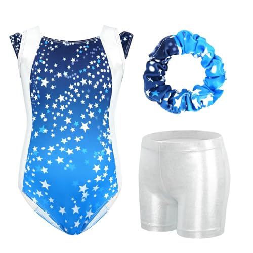 Gogokids Mädchen Dreiteiliges Gymnastikset, ärmellose Trikots mit Shorts und Haarband, glitzernde Balletttanz-Unitards - Gymnastik-Outfit mit Farbverlauf-Design für 3-12 Jahre von Gogokids