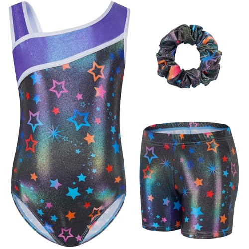 Gogokids Mädchen Drei Teiliges Gymnastikset, Y-Hals Ärmelloser Leotard mit Shorts und Haarband, Ballett Tanzender Leotard Gymnastikoutfit mit Blauem & Purpurfarbenem Farbblockdesign, 8-9 Jahre von Gogokids