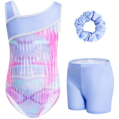 Gogokids Mädchen Drei Teiliges Gymnastikset, Y-Hals Ärmelloser Leotard mit Shorts und Haarband, Ballett Tanzender Leotard Gymnastikoutfit mit Blauem & Purpurfarbenem Farbblockdesign, 8-9 Jahre von Gogokids