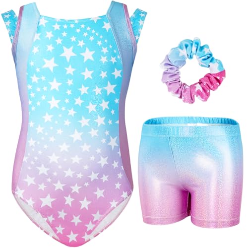 Gogokids Mädchen Dreiteiliges Gymnastikset, ärmellose Trikots mit Shorts und Haarband, glitzernde Balletttanz-Unitards - Gymnastik-Outfit mit Farbverlauf-Design für 3-12 Jahre von Gogokids