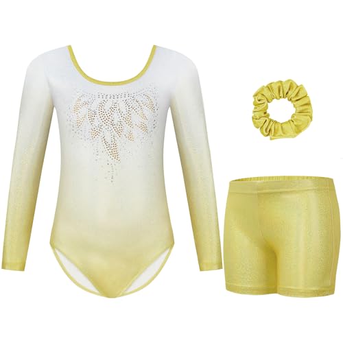 Gogokids Mädchen Dreiteilige Gymnastikanzüge, Langärmliges Gymnastik Set mit Shorts und Haarband, Glitzernde Balletteinheitstrikots - Gymnastik Outfit mit Farbverlaufdesign für 11-12 Jahre von Gogokids