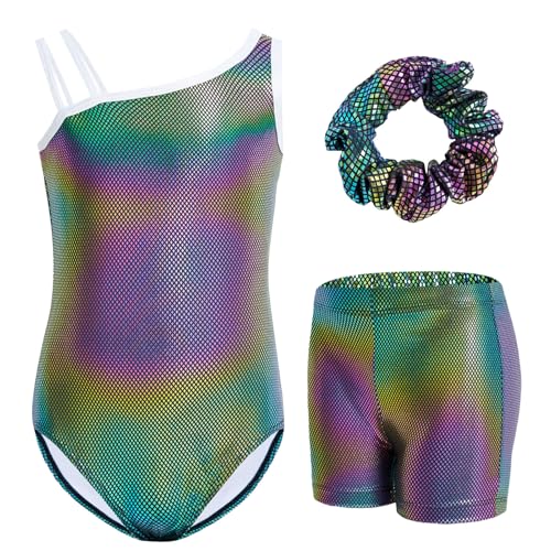 Gogokids Mädchen Dreiteiliges Ärmelloses Gymnastikoutfit mit Shorts, Turnanzug für Mädchen mit Diagonalen Schulterträgern Ballett Gymnastikkostüm Beinhaltet Leotard, Shorts & Haarband, Alter 3-4 von Gogokids