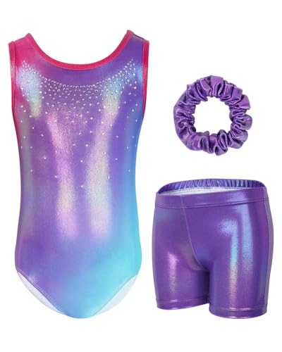 Gogokids Mädchen Drei Teiliges Gymnastikset, Ärmelloser Gymnastikanzug mit Shorts und Haarband, Ballett Tanzender Leotard Gymnastik Outfit mit Funkelnde für Mädchen, Ärmellose Trikots für 5-6 Jahre von Gogokids