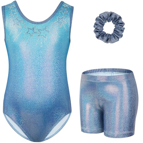 Gogokids Mädchen Drei Teiliges Gymnastikset, Ärmelloser Gymnastikanzug mit Shorts und Haarband, Ballett Tanzender Leotard Gymnastik Outfit mit Funkelnde für Mädchen, Ärmellose Trikots für 8-9 Jahre von Gogokids