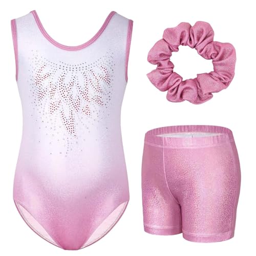 Gogokids Mädchen Drei Teiliges Gymnastikset, Ärmelloser Gymnastikanzug mit Shorts und Haarband, Ballett Tanzender Leotard Gymnastik Outfit mit Funkelnde für Mädchen, Ärmellose Trikots für 8-9 Jahre von Gogokids
