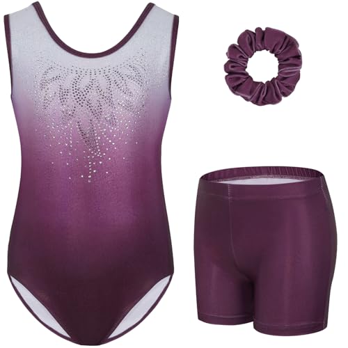 Gogokids Mädchen Drei Teiliges Gymnastikset, Ärmelloser Gymnastikanzug mit Shorts und Haarband, Ballett Tanzender Leotard Gymnastik Outfit mit Funkelnde für Mädchen, Ärmellose Trikots für 9-10 Jahre von Gogokids
