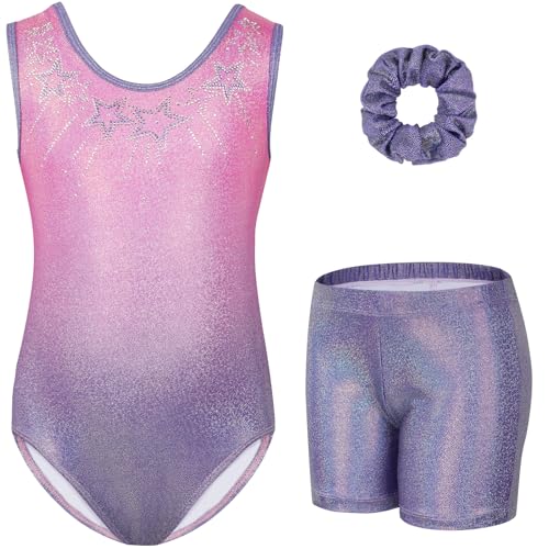 Gogokids Mädchen Drei Teiliges Gymnastikset, Ärmelloser Gymnastikanzug mit Shorts und Haarband, Ballett Tanzender Leotard Gymnastik Outfit mit Funkelnde für Mädchen, Ärmellose Trikots für 9-10 Jahre von Gogokids