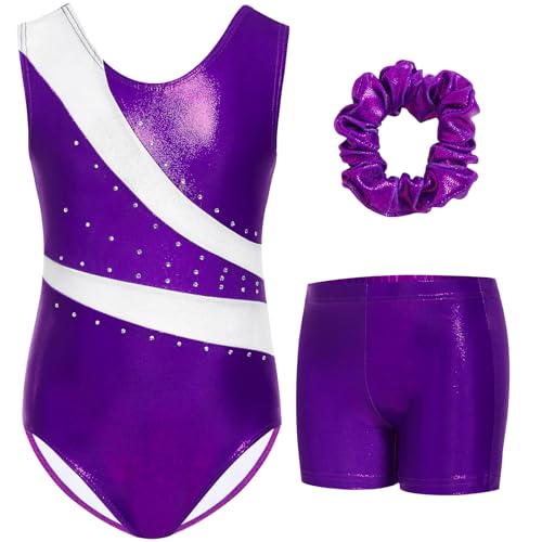 Gogokids Mädchen Dreiteiliges Gymnastikset mit Shorts, Kinder ärmelloser Gymnastikanzug mit Schmucksteinen, Funkelndes Mädchen Gymnastikoutfit, Sportliche Tanzbekleidung für Kinder im 6-7 Jahre von Gogokids