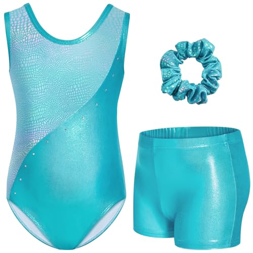 Gogokids Mädchen Dreiteiliges Gymnastikset mit Shorts, Kinder ärmelloser Gymnastikanzug mit Schmucksteinen, Funkelndes Mädchen Gymnastikoutfit, Sportliche Tanzbekleidung für Kinder im 6-7 Jahre von Gogokids