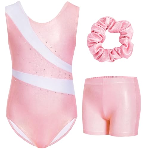 Gogokids Mädchen Dreiteiliges Gymnastikset mit Shorts, Kinder ärmelloser Gymnastikanzug mit Schmucksteinen, Funkelndes Mädchen Gymnastikoutfit, Sportliche Tanzbekleidung für Kinder im 8-9 Jahre von Gogokids