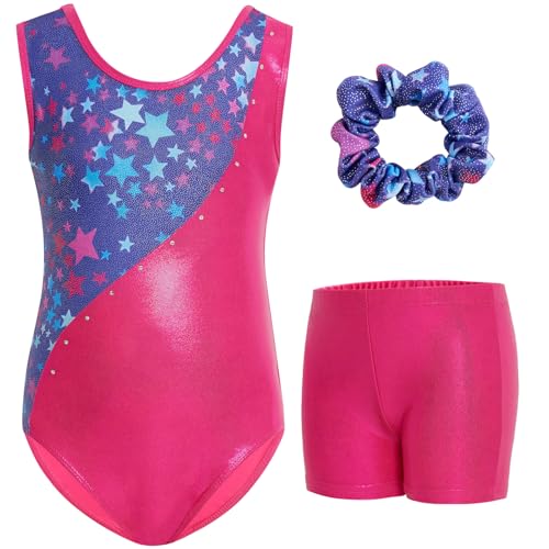 Gogokids Mädchen Dreiteiliges Gymnastikset mit Shorts, Kinder ärmelloser Gymnastikanzug mit Schmucksteinen, Funkelndes Mädchen Gymnastikoutfit, Sportliche Tanzbekleidung für Kinder im 9-10 Jahre von Gogokids