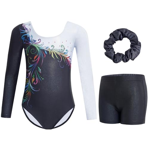 Gogokids Mädchen Dreiteiliges Langarm-Gymnastikanzug Set - Kinder Gymnastik Outfits mit Farbverlauf Pailletten Design beinhaltet Gymnastikanzug, Shorts und Haarband, funkelnde Balletteinheiten für von Gogokids