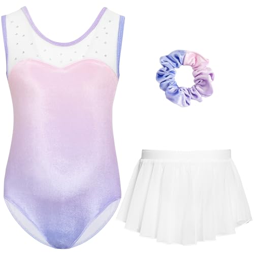 Gogokids Mädchen Samt ärmellose Gymnastikanzug - Kinder Gymnastik Outfits mit Strasssteinen, Mädchen Gymnastik Dreiteiliges Set mit Gymnastikanzug, Chiffonrock & Haarband, für Alter 8-9 von Gogokids