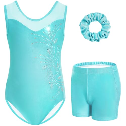 Gogokids Mädchen ärmellos Strass Gymnastik Set, 3-teiliges Kinder Leotard mit Shorts & Haarband, Mesh-eingesetzter Ausschnitt Gymnastikanzug Mädchen Set im Alter 3-12, Ideal als Geschenk für Gymnastik von Gogokids