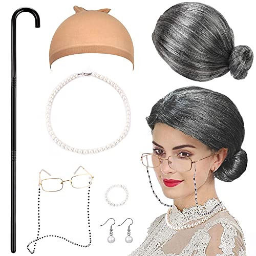 Gohytal Oma Perücke Grau, 8er Set Alte Dame Cosplay Zubehör Perücke Oma Kostüm Accessoire mit Brille Kette Perlenkette Armband Spazierstock für Fasching Maskerade Cosplay Köln-Karneva Party von Gohytal