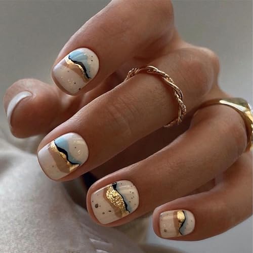 Goiern 24 Pcs White Press on Nails Short Square - Cute Fake Nails Press ons Spring Nail Art Tips Full Cover False Nails with Quicksand Gold Foil Glitter Design for Women von Goiern