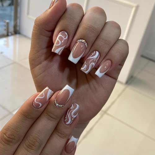 Goiern 24 Stück Press on Nails Quadratische Mittel, Französische Spitze Rhinestones Pink Falsche Nägel Akrylnägel Kunstliche Nägel für Frauen und Mädchen von Goiern